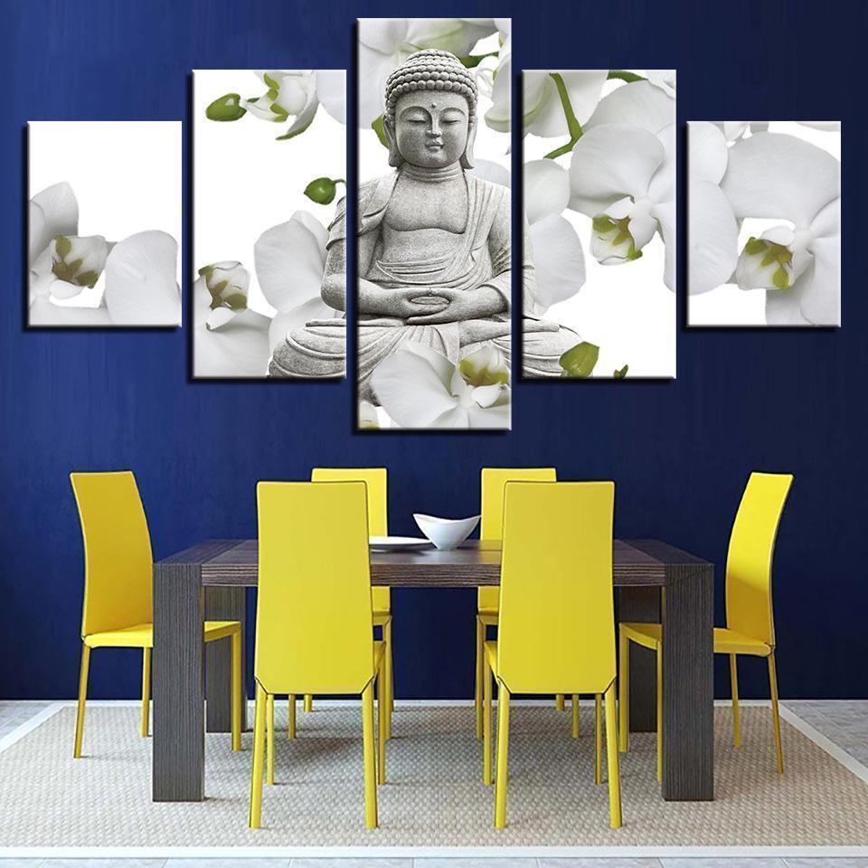 Buddha And Flower White Butterfly Orchid Religion Canvas Wall Art
