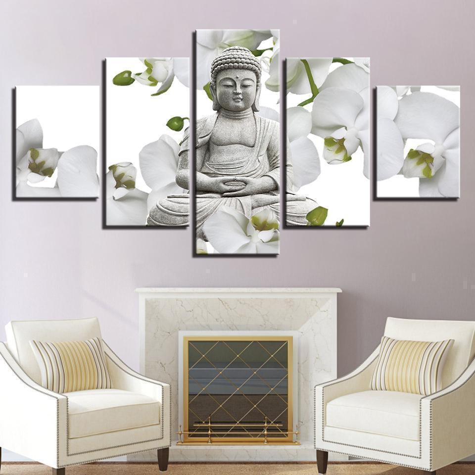 Buddha And Flower White Butterfly Orchid Religion Canvas Wall Art