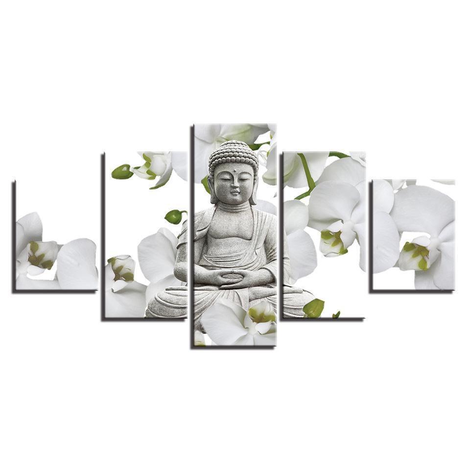 Buddha And Flower White Butterfly Orchid Religion Canvas Wall Art