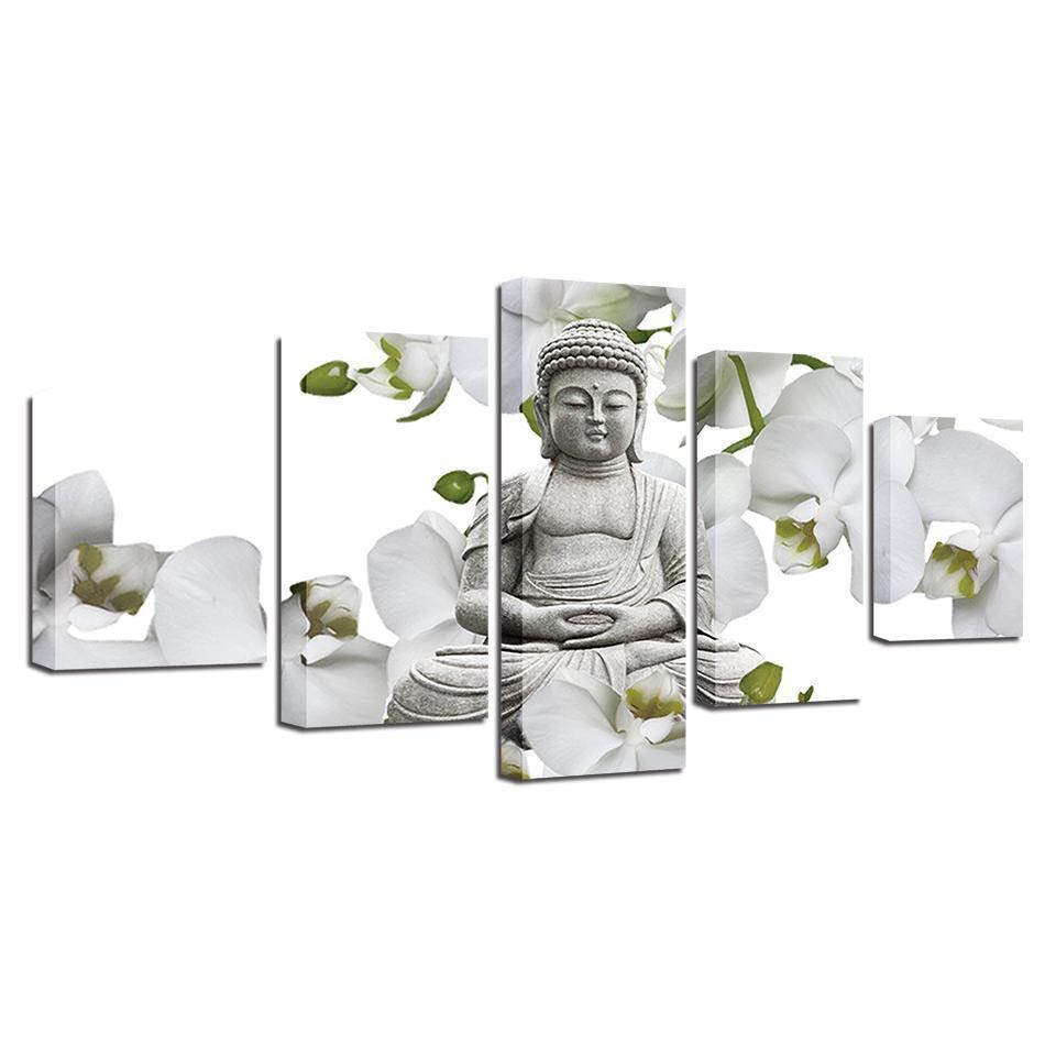 Buddha And Flower White Butterfly Orchid Religion Canvas Wall Art