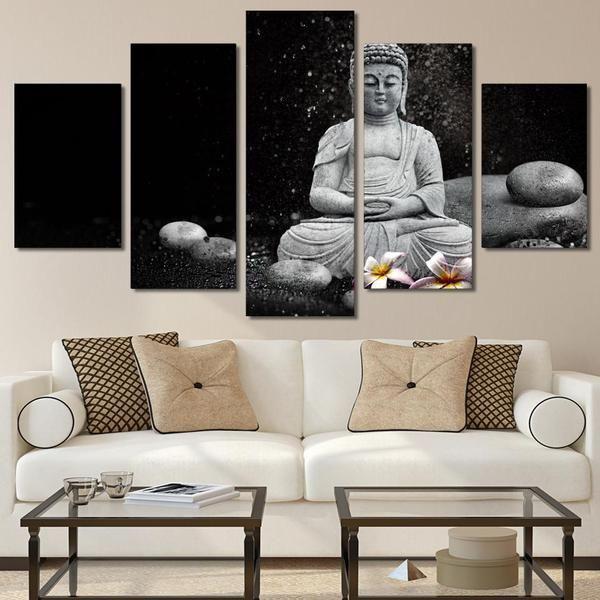 Buddha Stones And Flowers Black And White Religion Canvas Wall Art