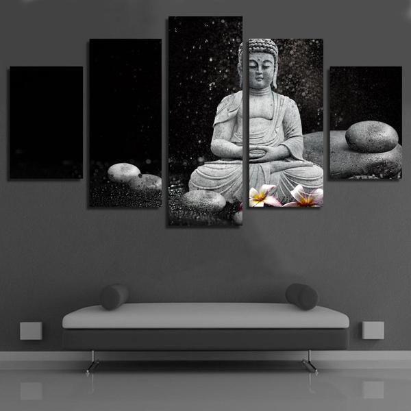 Buddha Stones And Flowers Black And White Religion Canvas Wall Art