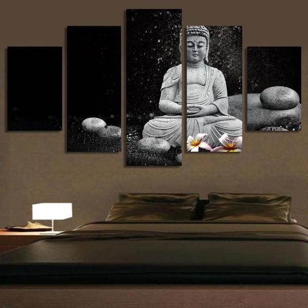 Buddha Stones And Flowers Black And White Religion Canvas Wall Art