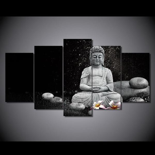 Buddha Stones And Flowers Black And White Religion Canvas Wall Art