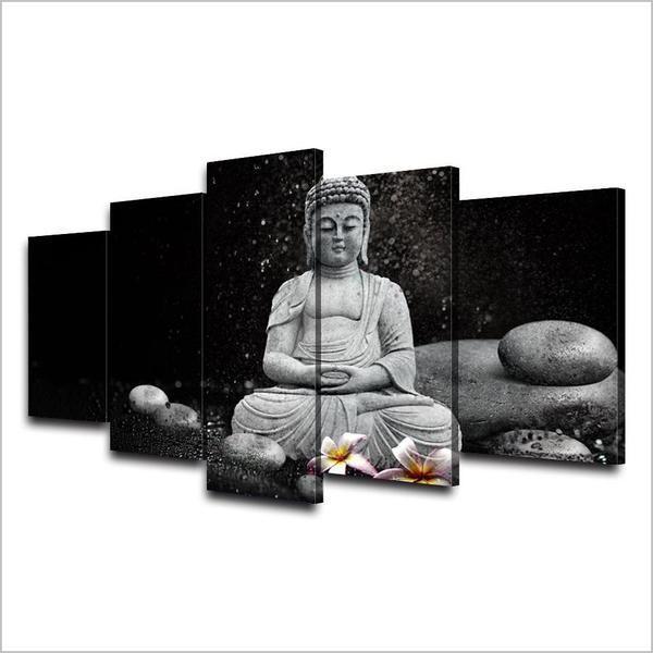 Buddha Stones And Flowers Black And White Religion Canvas Wall Art