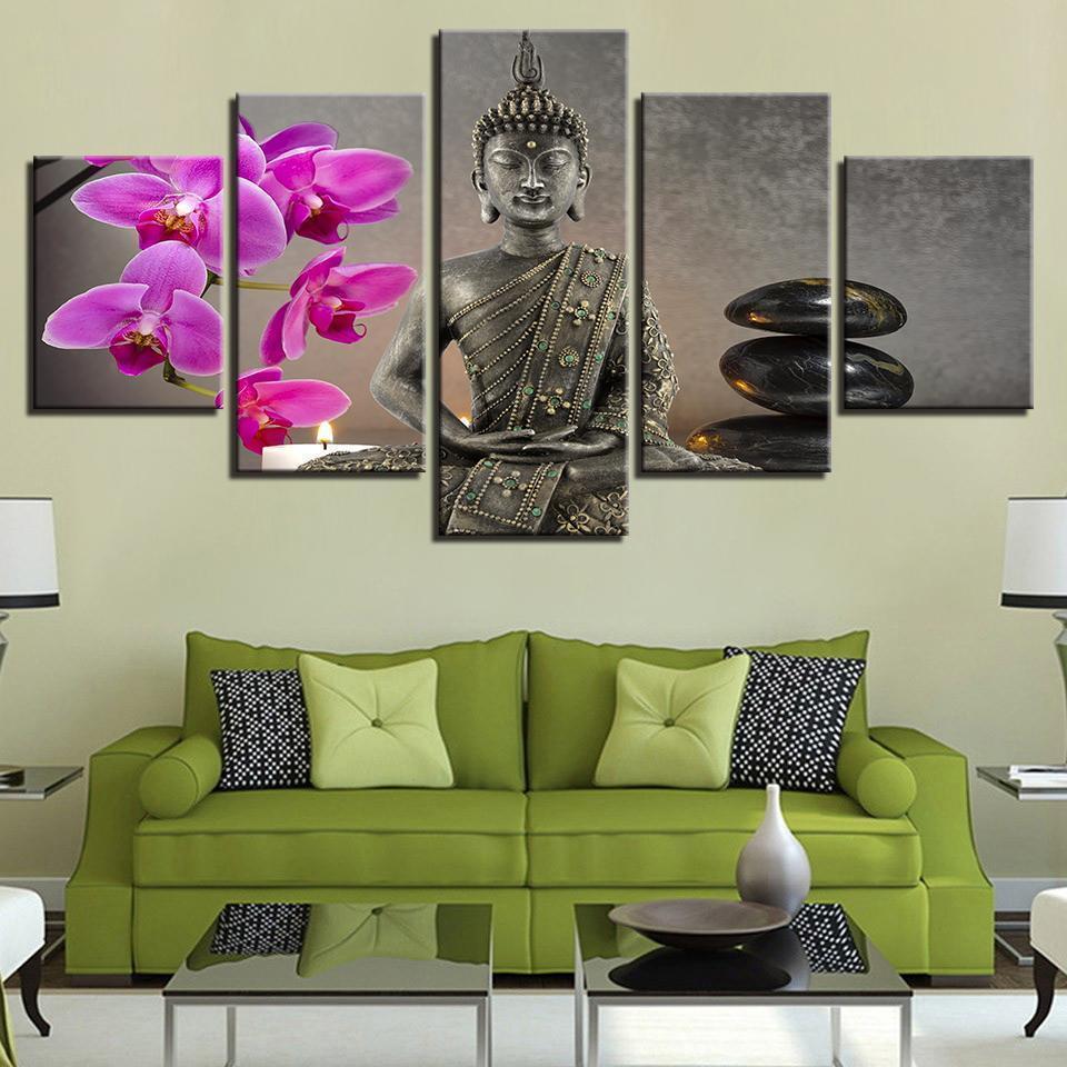 Buddha With Flower Moth Orchid Stone Candle Religion Canvas Wall Art