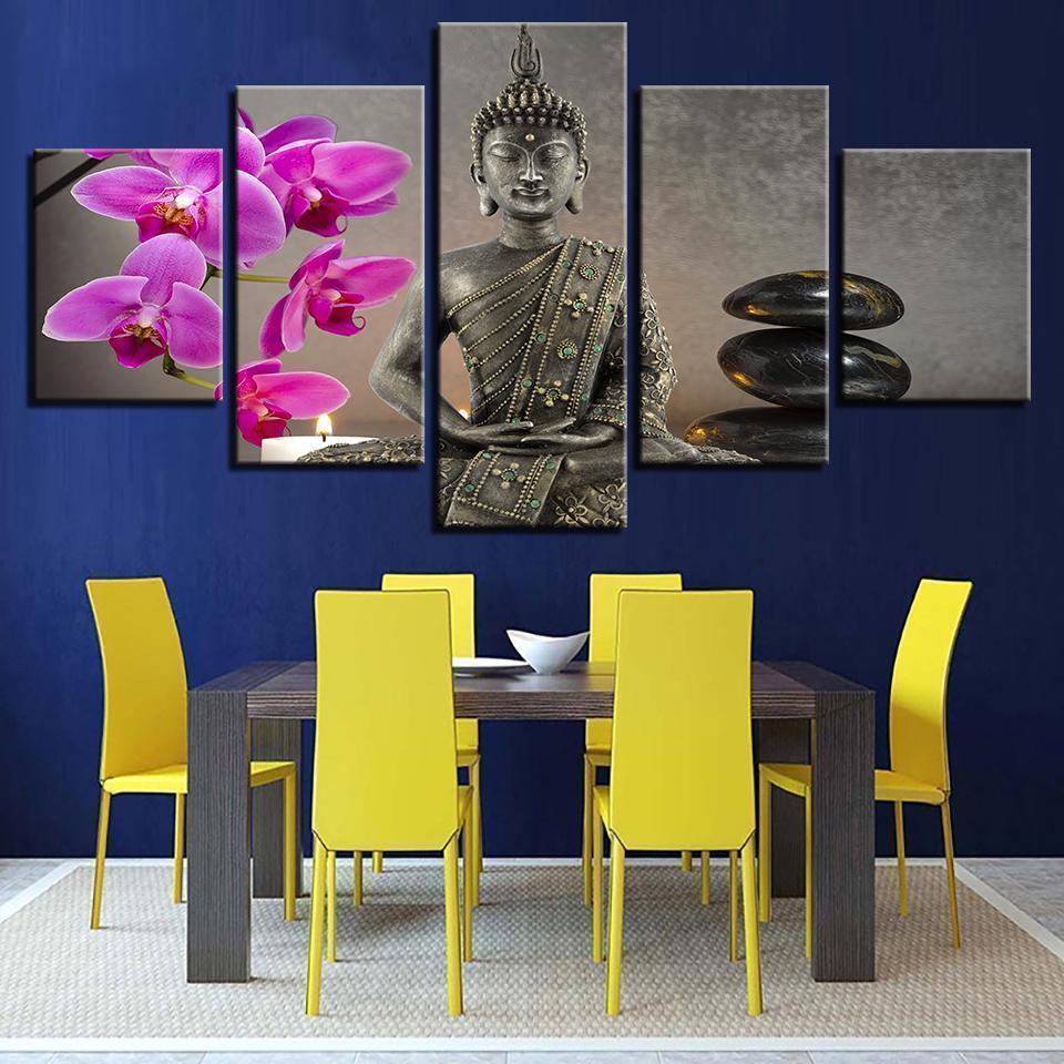 Buddha With Flower Moth Orchid Stone Candle Religion Canvas Wall Art