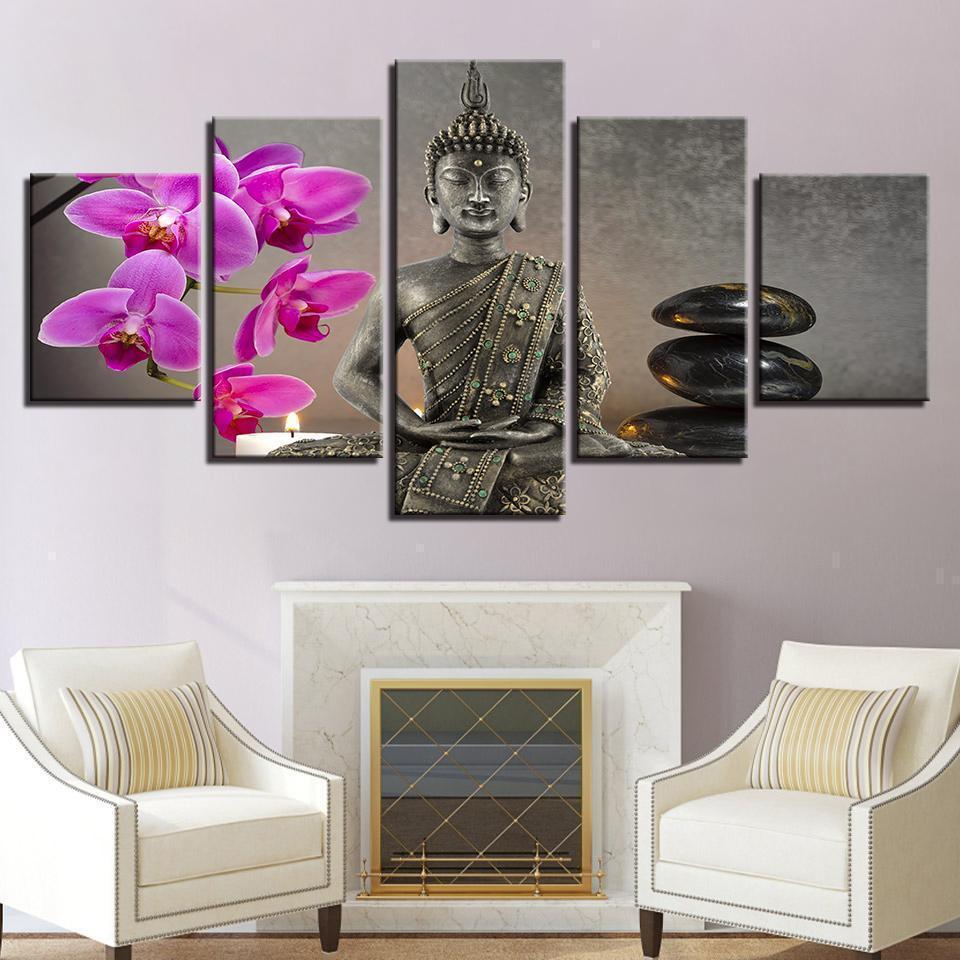 Buddha With Flower Moth Orchid Stone Candle Religion Canvas Wall Art