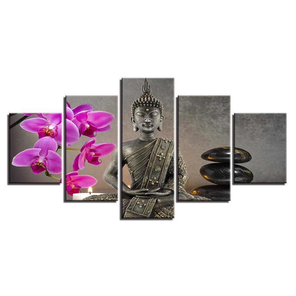 Buddha With Flower Moth Orchid Stone Candle Religion Canvas Wall Art