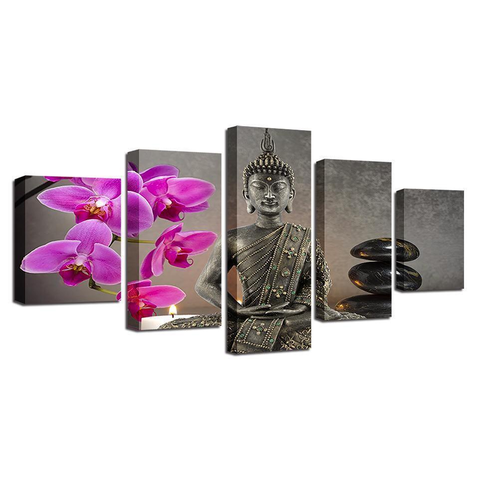 Buddha With Flower Moth Orchid Stone Candle Religion Canvas Wall Art