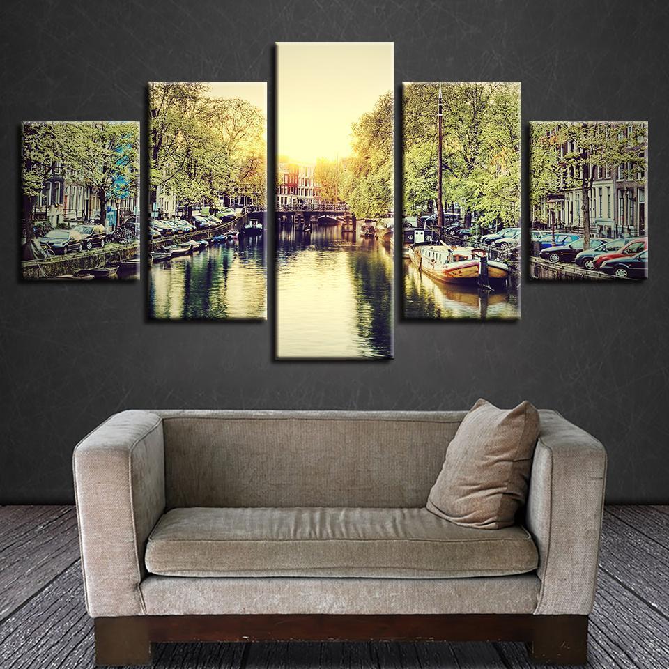 Building River Landscape Nature Canvas Wall Art