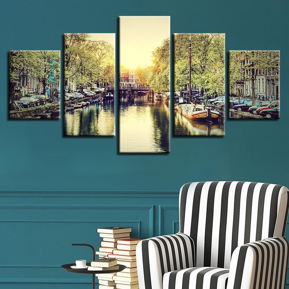 Building River Landscape Nature Canvas Wall Art