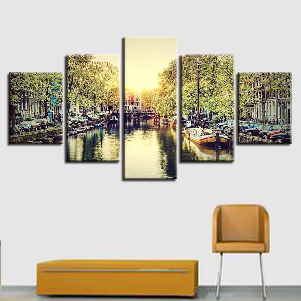 Building River Landscape Nature Canvas Wall Art