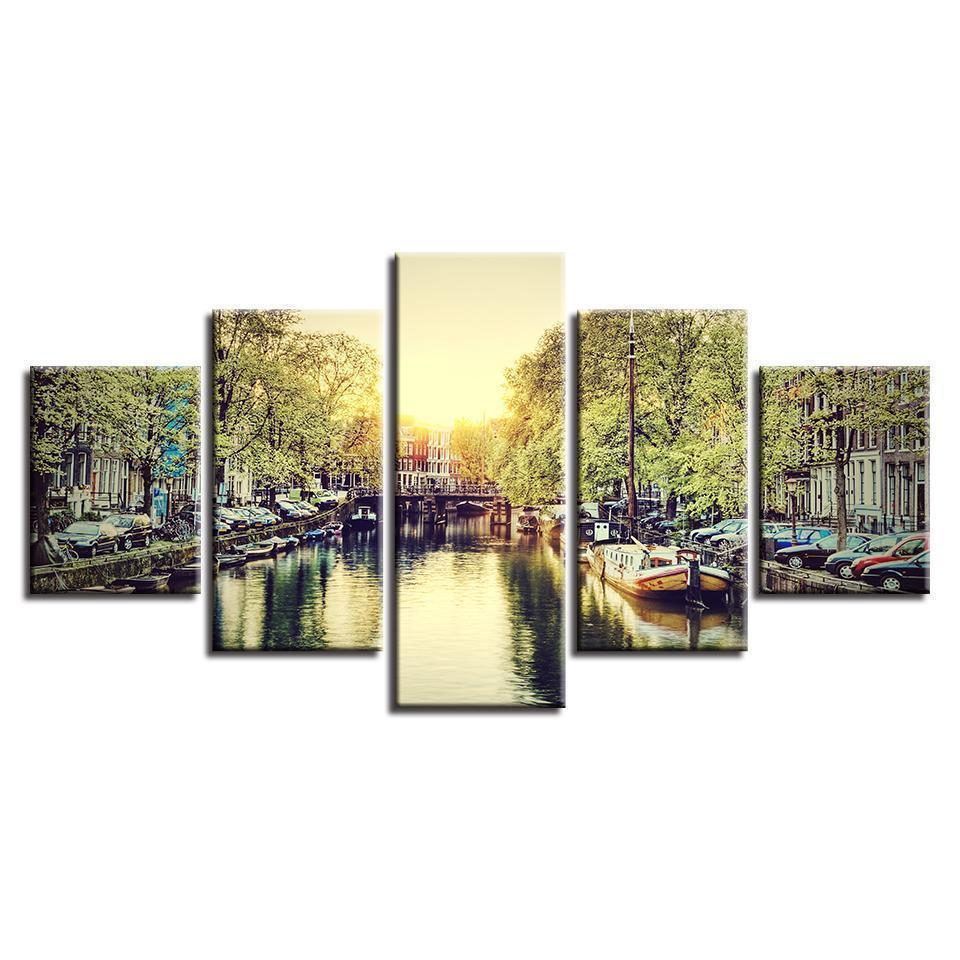Building River Landscape Nature Canvas Wall Art