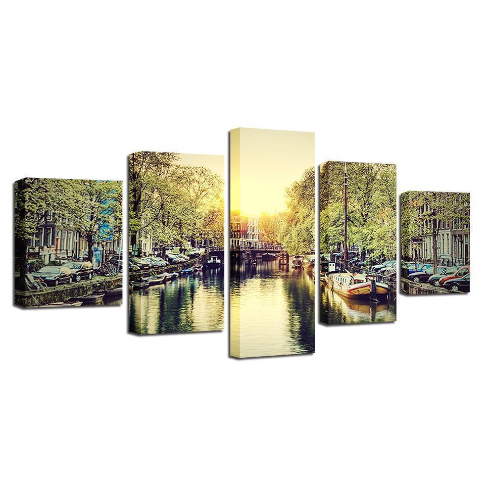 Building River Landscape Nature Canvas Wall Art
