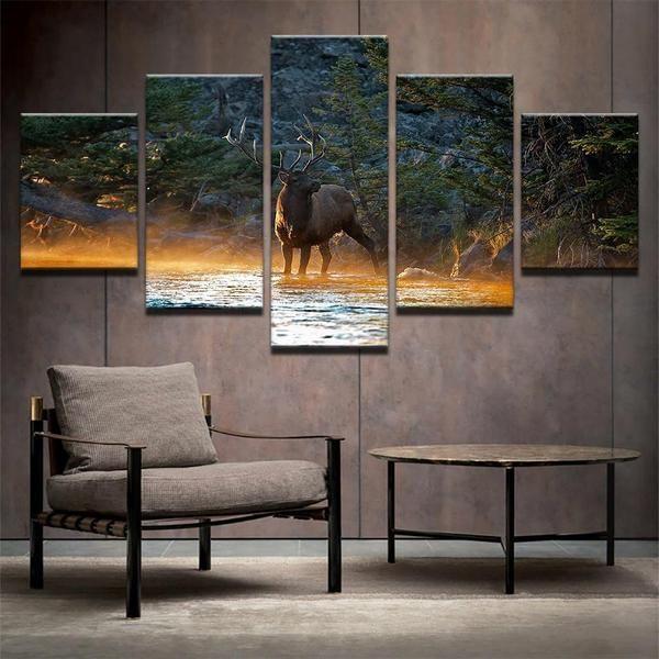 Bull Elk In Stream Morning Mist Animal Canvas Wall Art