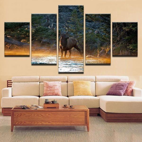 Bull Elk In Stream Morning Mist Animal Canvas Wall Art