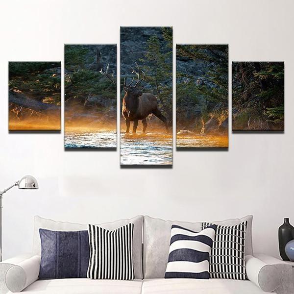 Bull Elk In Stream Morning Mist Animal Canvas Wall Art