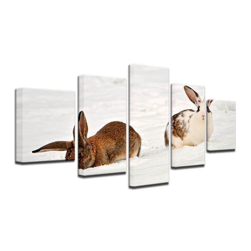 Bunnies On Snow Animal Canvas Wall Art