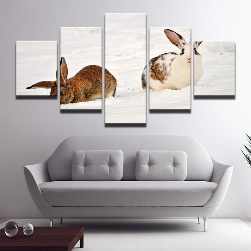 Bunnies On Snow Animal Canvas Wall Art