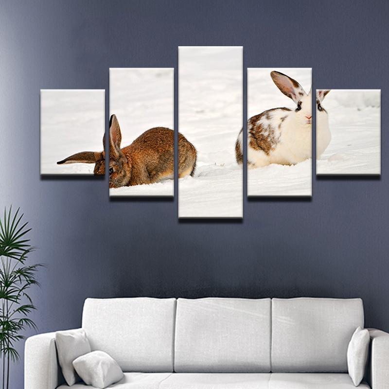 Bunnies On Snow Animal Canvas Wall Art