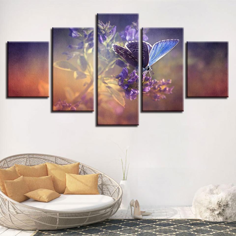 Butterflies And Purple Flowers Animal Canvas Wall Art