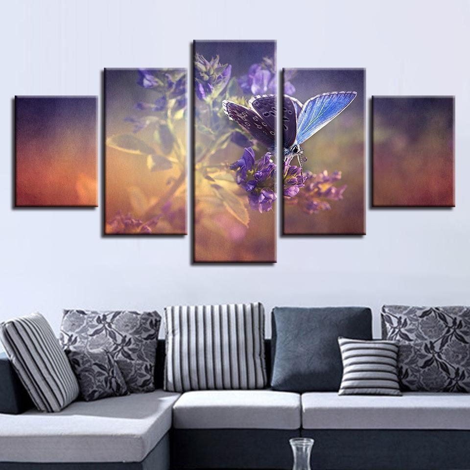 Butterflies And Purple Flowers Animal Canvas Wall Art