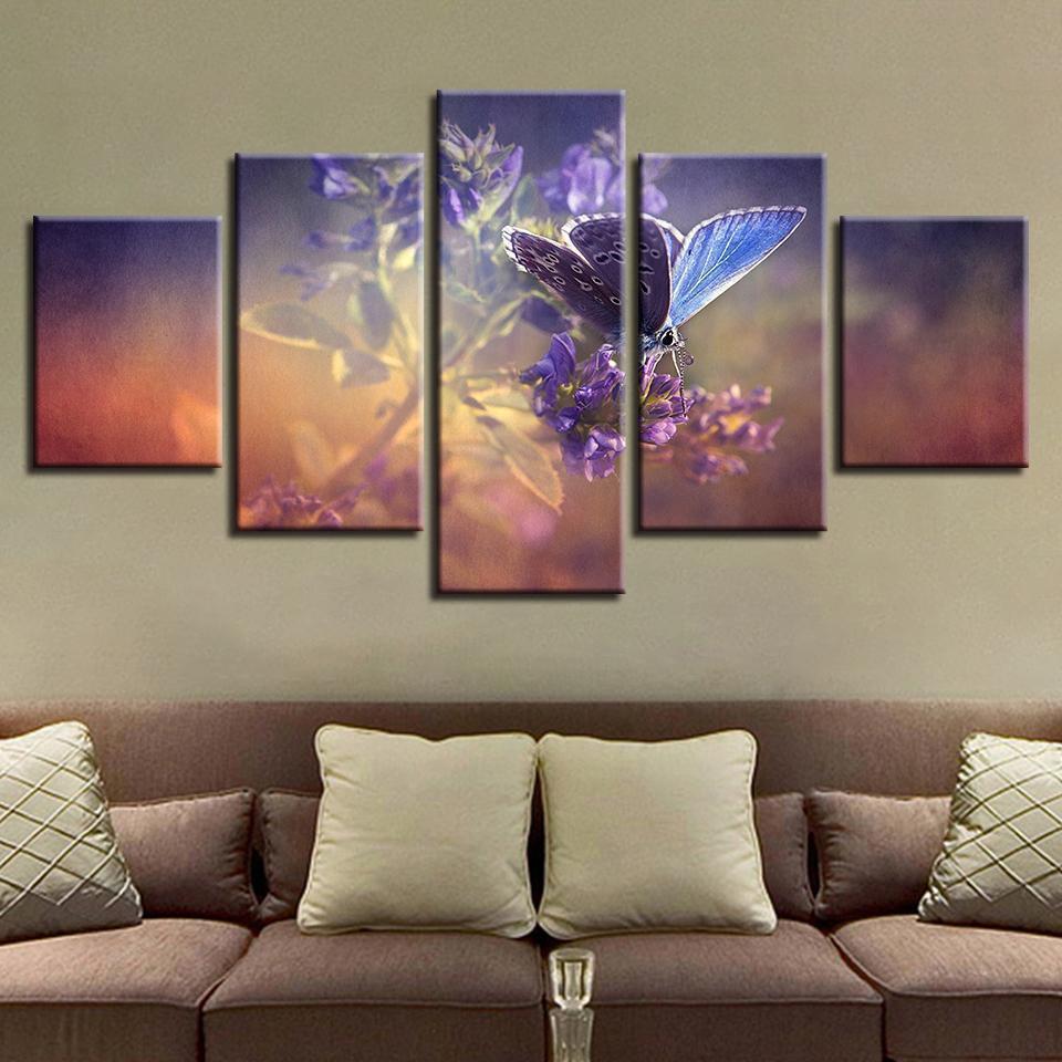 Butterflies And Purple Flowers Animal Canvas Wall Art