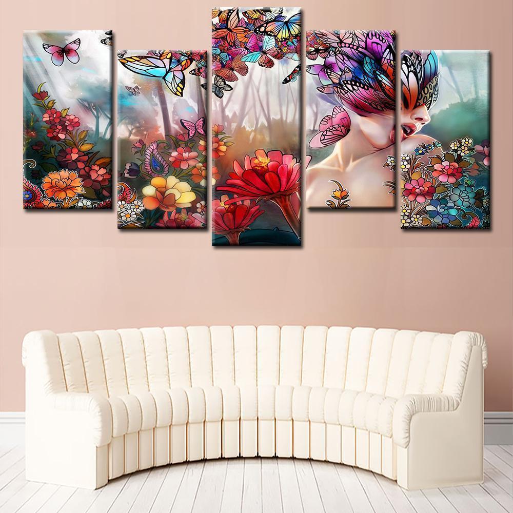 Butterfly Girl Flowers Abstract Canvas Wall Art