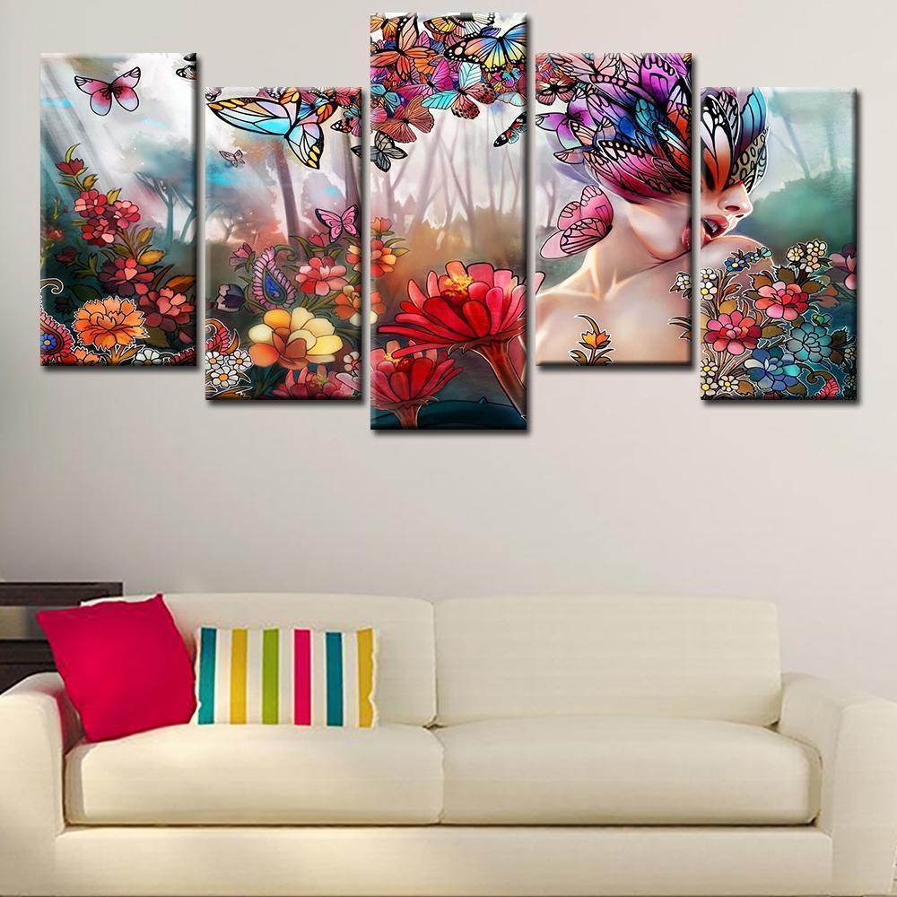 Butterfly Girl Flowers Abstract Canvas Wall Art