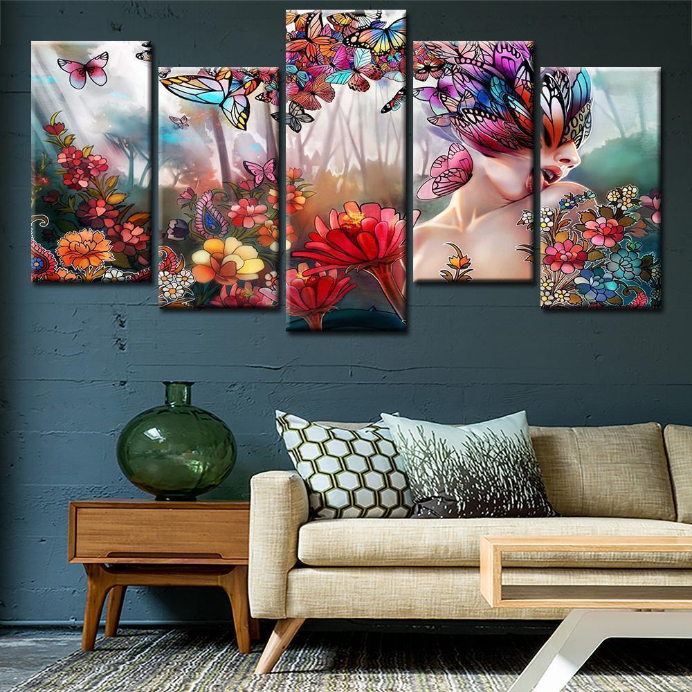 Butterfly Girl Flowers Abstract Canvas Wall Art