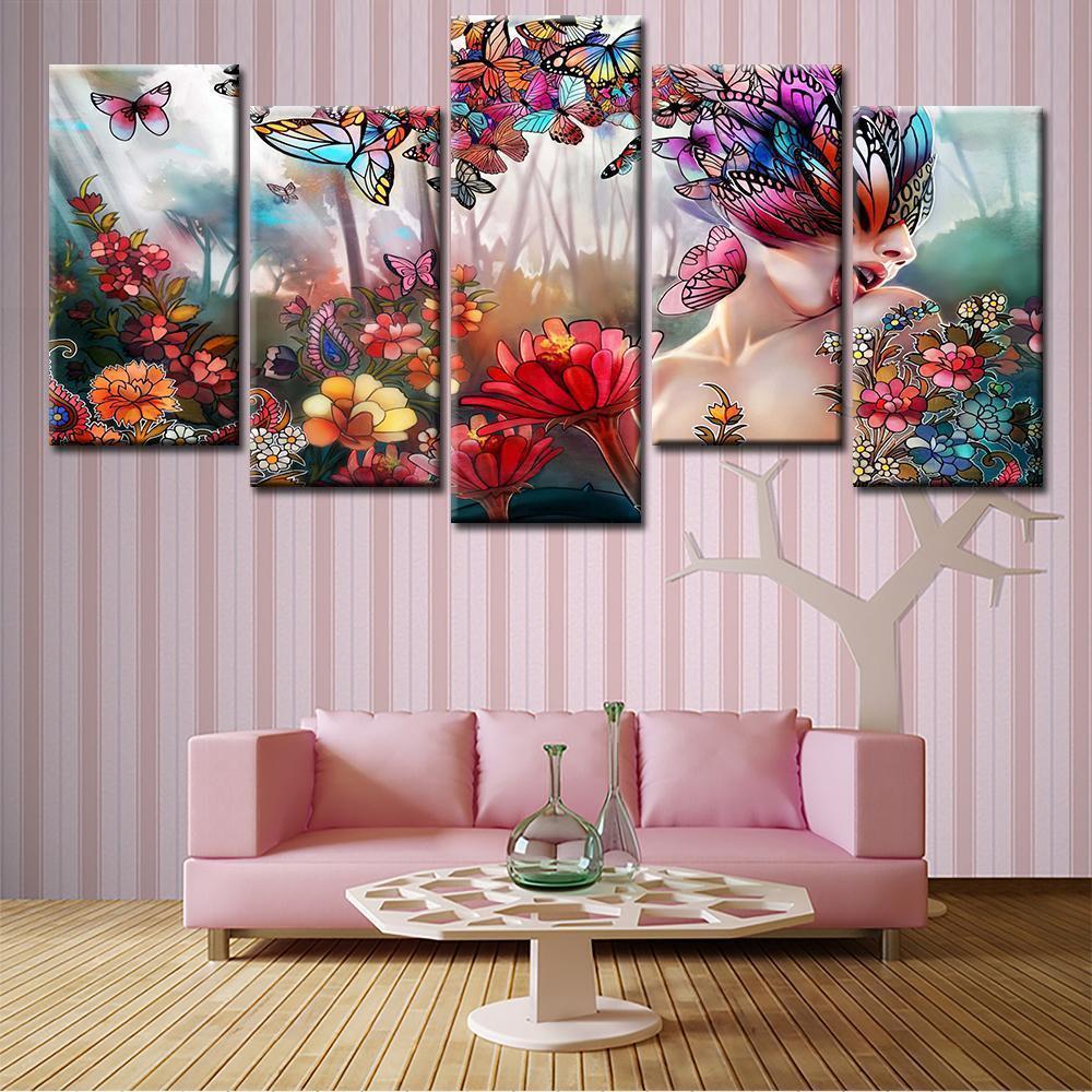 Butterfly Girl Flowers Abstract Canvas Wall Art