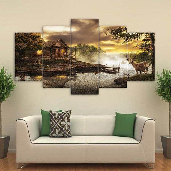 Cabin By The Lake Nature Canvas Wall Art