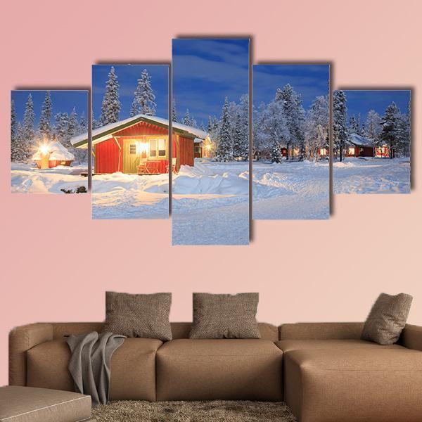 Cabin Hut At Night In Sweden At Night Nature Canvas Wall Art