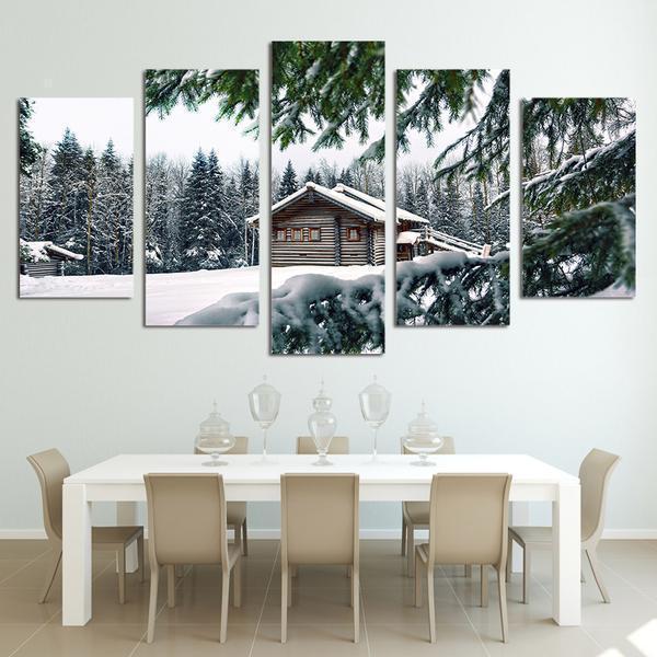 Cabin In Snow Winter Scene Nature Canvas Wall Art