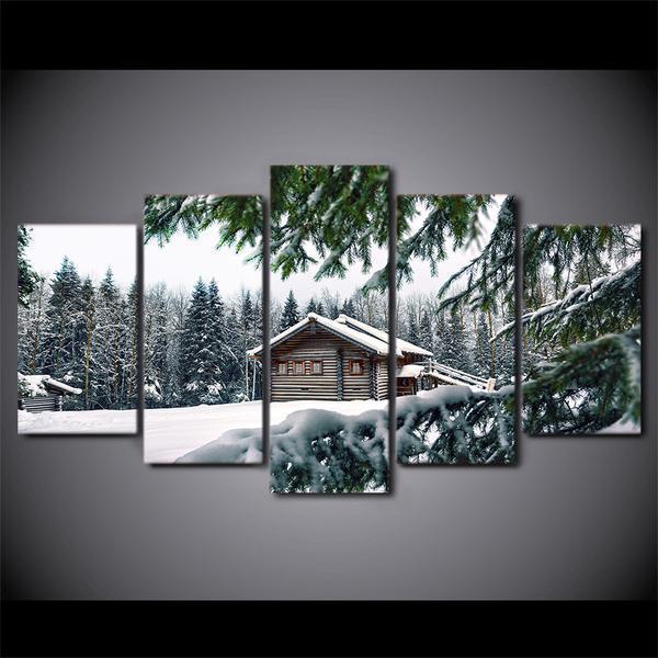 Cabin In Snow Winter Scene Nature Canvas Wall Art