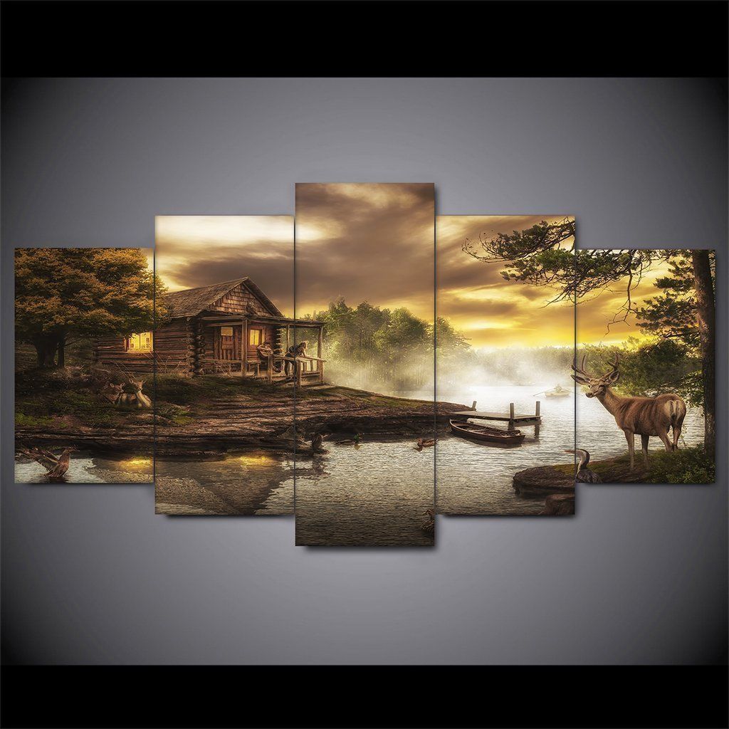 Cabin On The Lake Deer Nature River Nature Canvas Wall Art