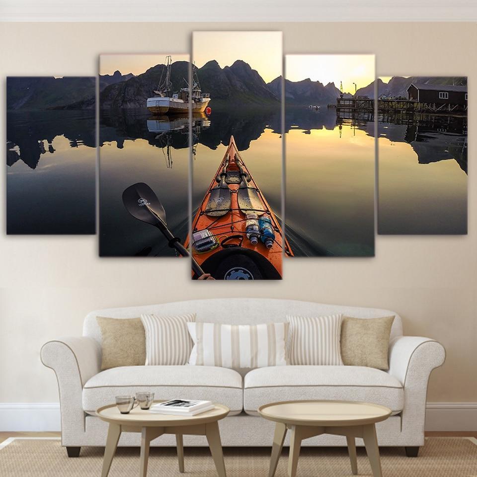 Calm Lake Kayak Boat Parked Nature Canvas Wall Art