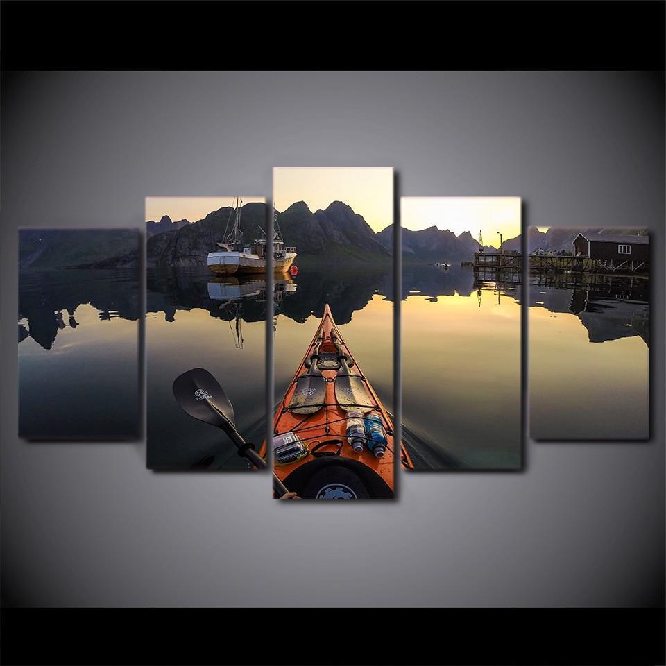 Calm Lake Kayak Boat Parked Nature Canvas Wall Art
