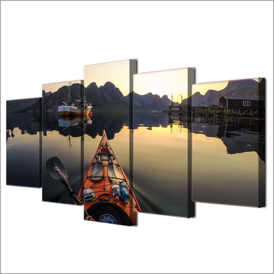 Calm Lake Kayak Boat Parked Nature Canvas Wall Art