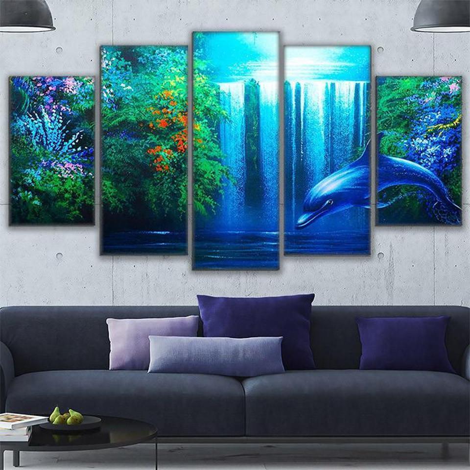Calming Dolphin Waterfall Abstract Animal Canvas Wall Art