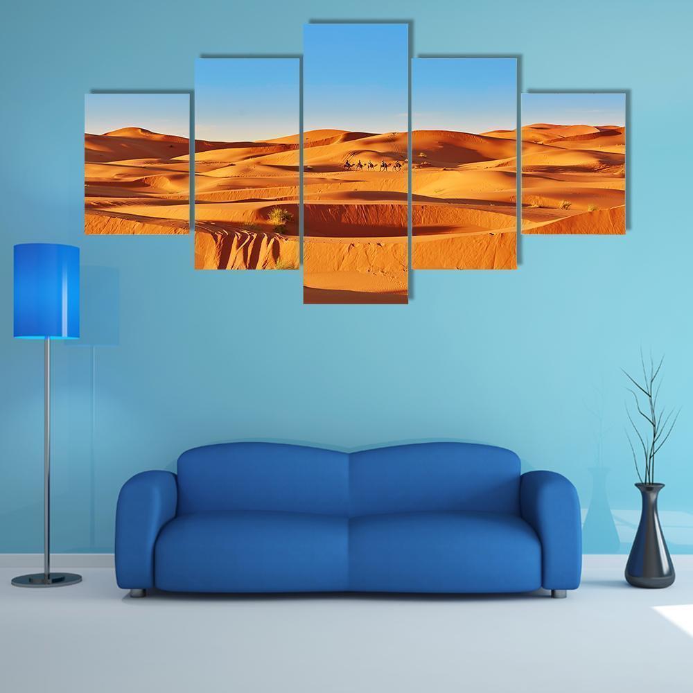 Camel Caravan Going Through The Sand Dunes Nature Canvas Wall Art