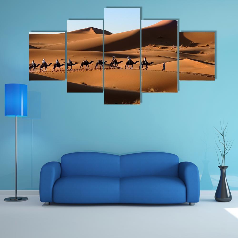 Camel Caravan In Sand Dunes Nature Canvas Wall Art