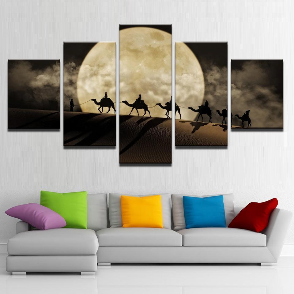 Camel Team Porter Full Moon In Desert Nature Canvas Wall Art