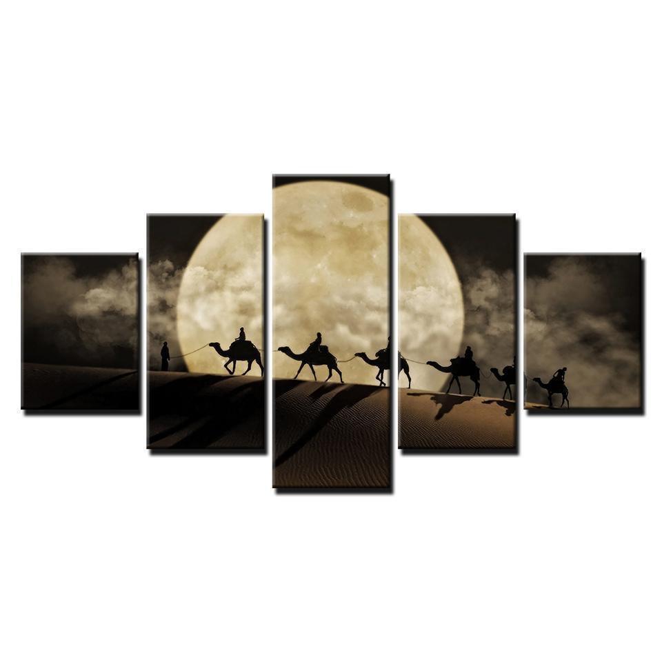 Camel Team Porter Full Moon In Desert Nature Canvas Wall Art