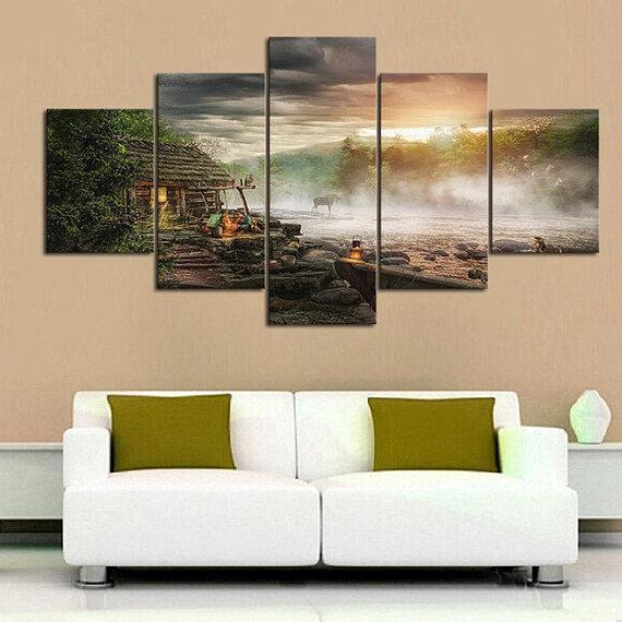 Campfire Cabin Nature Canvas Wall Art