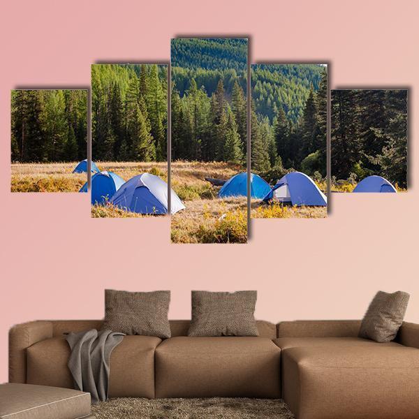 Camping Tents On A River Shore In Altai Mountains Nature Canvas Wall Art