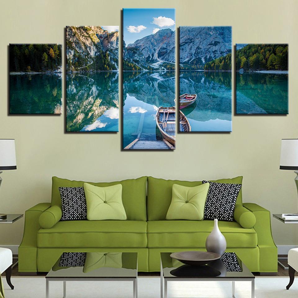 Canoes On Mountain Lake Sport Canvas Wall Art