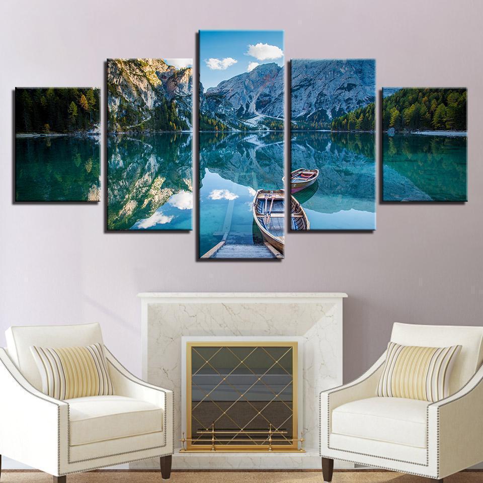 Canoes On Mountain Lake Sport Canvas Wall Art