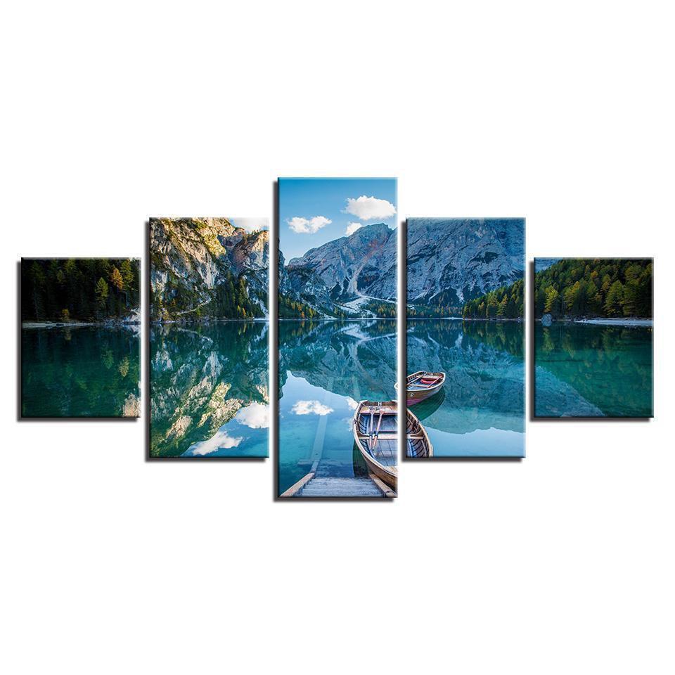 Canoes On Mountain Lake Sport Canvas Wall Art